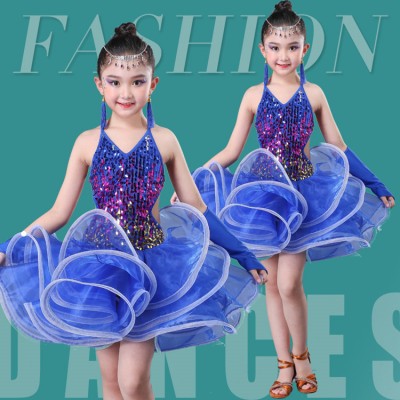 Girls modern dance latin dresses children blue sequins jazz singer stage performance modern dance costumes dress