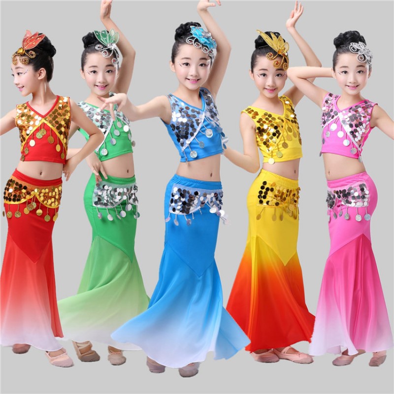 Girls modern dance peacock dance dresses kids children costumes stage performance children mermaid dresses