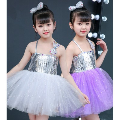 Girls modern jazz dance princess dresses silver violet singers host stage performance costumes dress