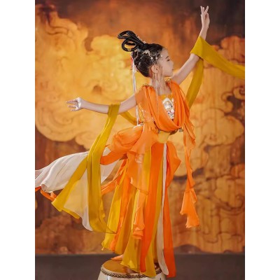 Girls Orange Chinese folk Dunhuang flying chinese ancient costumes Western Regions style performance exotic styles fairy hanfu for children
