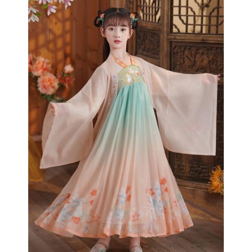 Girls' Orange Gradient Hanfu Chinese folk dance costumes Kids princess dress anime drama film cosplay antique clothes kimono for children