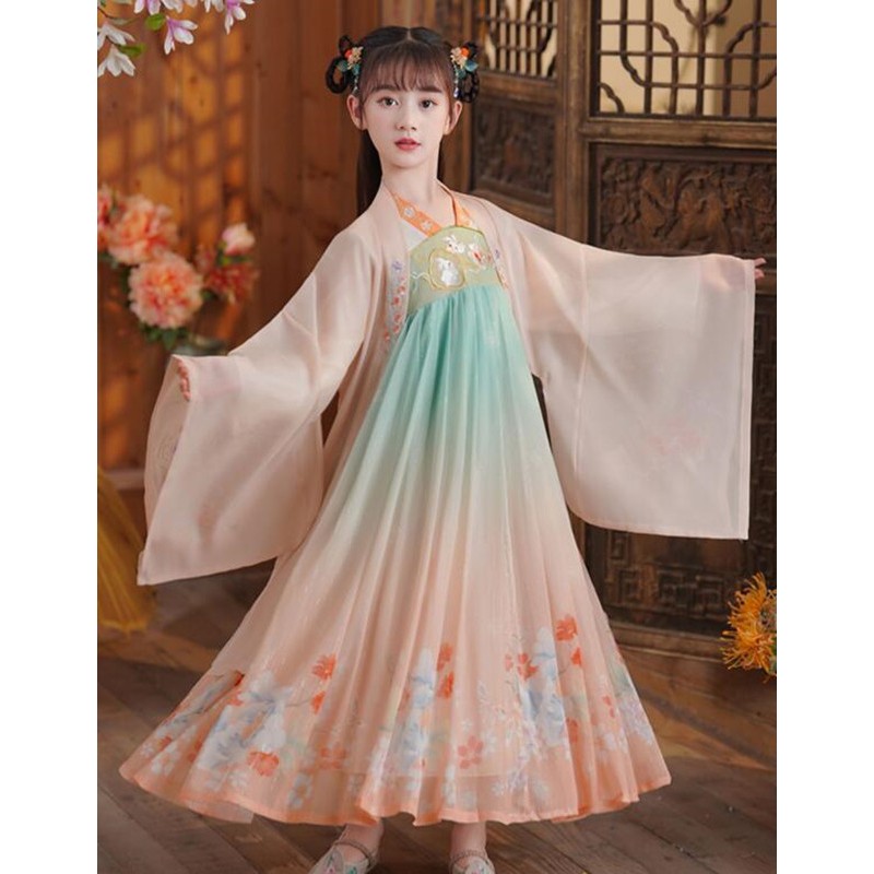 Girls' Orange Gradient Hanfu Chinese folk dance costumes Kids princess dress anime drama film cosplay antique clothes kimono for children