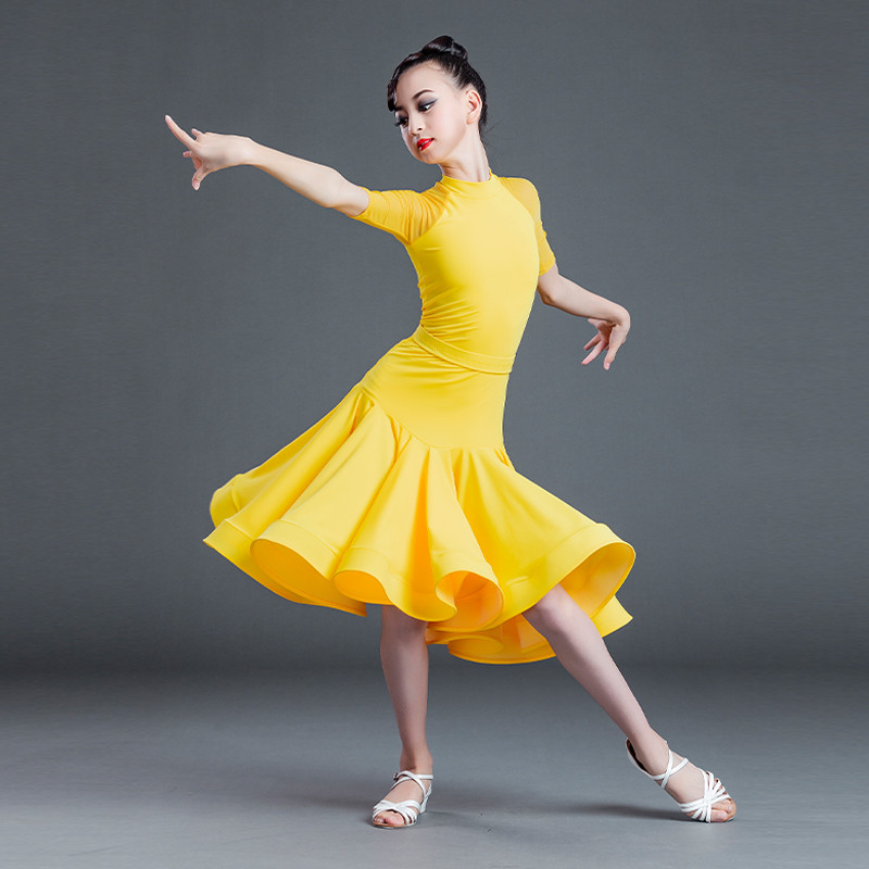 Girls Orange Yellow Dark Green Competition Latin dance dresses Children Latin Performance Skirts Chacha Salsa Dance Examination Costumes