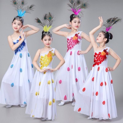 Girls peacock modern dance for children kids red white blue dresses Halloween party  dance jazz singers chinese folk dance dresses
