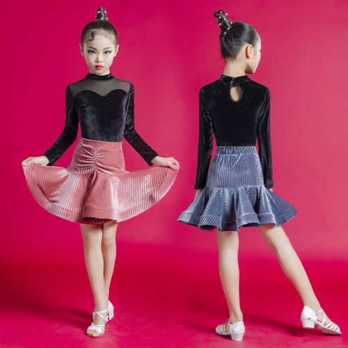 Girls pink blue velvet ballroom latin dance dress kids modern dance latin ballroom dance costumes for children 