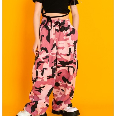 girls pink camo hiphop street cargo pants for kids cotton jogger pants jazz rapper singers hip-hop dance long loose trousers with multi pocket for children