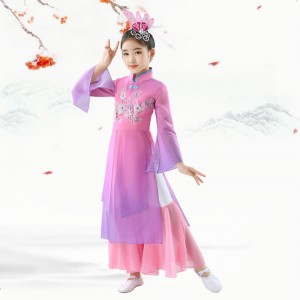 Girls pink color chinese folk dance dresses hanfu fairy dress classical dance costumes for Girl Chinese style Fan Umbrella Dance Yangko Performance Costume