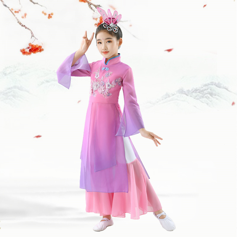 Girls pink color chinese folk dance dresses hanfu fairy dress classical dance costumes for Girl Chinese style Fan Umbrella Dance Yangko Performance Costume