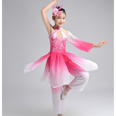 Girls pink flowers chinese folk dance costumes children ancient traditional classical fairy umbrella fan yangko dance dress