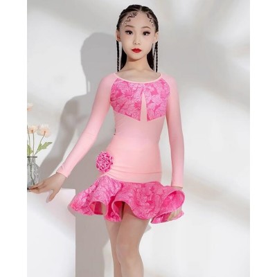 Girls pink lace latin dance dresses for kids children flowers salsa ballroom latin stage performance costumes for Girls 