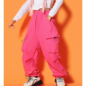 Girls pink street cargo pants Jazz dance rapper singers hiphop long trousers girl jazz stage performance long pants for kids