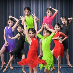Girls pink violet green black Latin Dance Dress Children fringed Latin dance clothes Competition cha cha costume for kids 