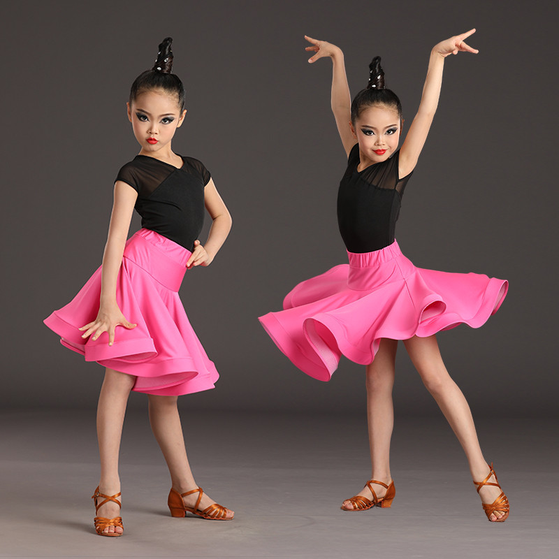 Girls pink with black latin dance dress modern school dance competition ballroom salsa stage performance dress for girl 