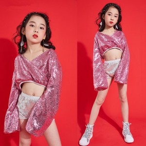 Girls pink with silver sequin jazz dance costumes hiphop dance outfits model show gogo dancers stage performance outfits