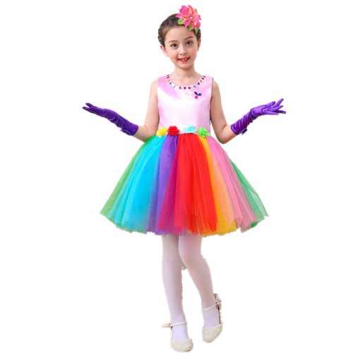 Girls princess modern dance dresses singer chorus princesses rainbow colored stage performance costumes