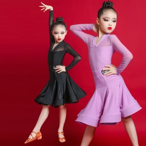 Girls purple black long sleeves competition latin dance dresses kids children latin performance costumes chacha salsa dance dresses