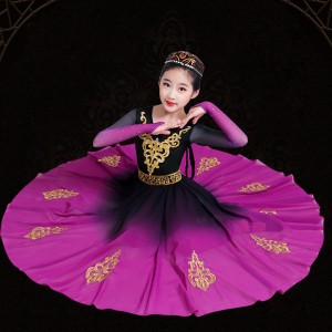 Girls purple gradient color chinese Xinjiang folk dance dress minority ethnic  Uyghur dance swing skirt  for kids chinese folk performance costumes