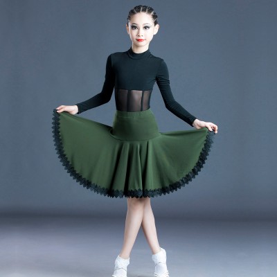 Girls red army green color competition latin dance dress for kids children modern ballroom latin dance costumes stage performance dress 
