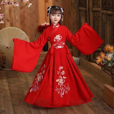 Girls red chinese hanfu dress fairy princess drama movies cosplay dress stage performance photos shooting princess empress dress for kids