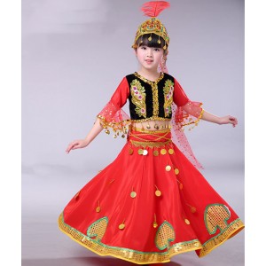 Girls red Chinese Xinjiang dance costumes kids Children minority art test practice costumes children Uyghur dance dresses for kids
