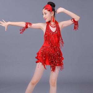 Girls red colored sequin tassels modern dance latin dance dresses samba chacha salsa dance skirts dresses