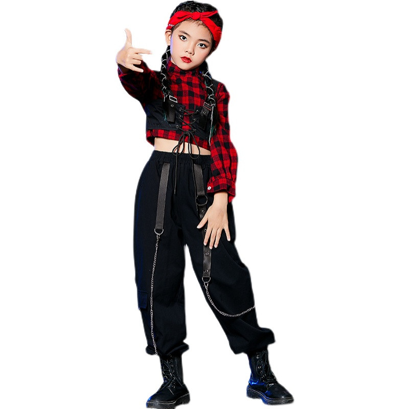 Girls Red England Plaid style Hiphop street rap singers jazz dance costumes for kids girls group dance model catwalk show outfits for kids