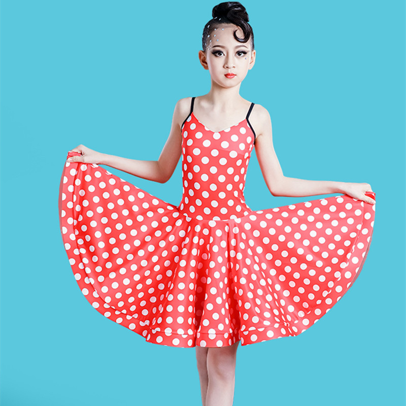 Girls red with white polka dot competition Latin Dance Dress performance Dress Girls latin skirts sleeveless Latin performance dress children