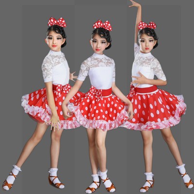 Girls red with white polka dot Latin dance clothing  professional stage performance children Latin dance skirts art test standards latin dress for kids