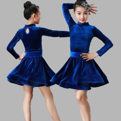 Girls royal blue velvet competition latin dance dresses