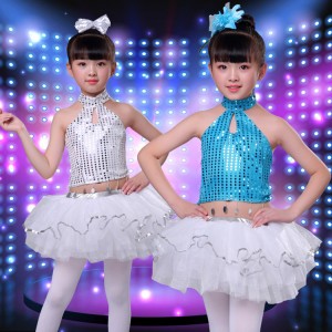 Girls silver turquoise sequin jazz dance costumes  outfits modern dance princess ballet stage performance dresses costumes