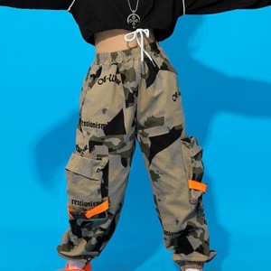 Girls street hiphop jogger cargo pants camo color boys hip-hop jazz dance costumes model show gogo dancers loose long trousers