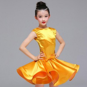 Girls stretchable satin latin dresses kids  children  gold stage performance competition salsa chacha rumba dance dresses