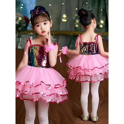 Girls toddler sequins jazz salsa dance dresses white pink blue tutu skirt ballet dance dress girl colorful sequins kindergarten modern dance princess dress
