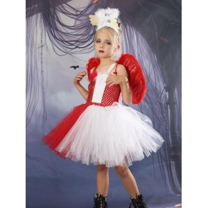 Girls Toddler xmas christmas party event red feather tutu skirts ballet  jazz dance dresses mesh princess dress Halloween angel with demon kids role play costume
