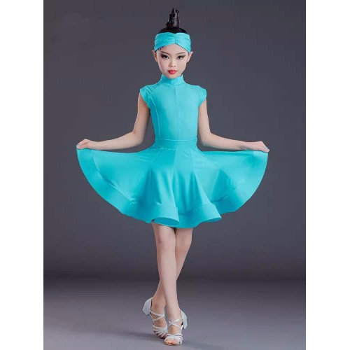 Girls turquoise blue latin dance dresses for kids children salsa ballroom latin dance wear stage performance dancing outfits for Girls