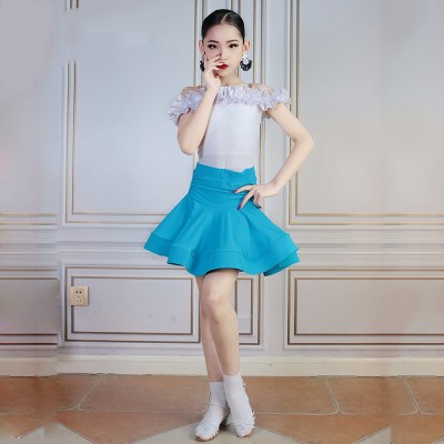 Girls turquoise blue with white Professional latin dance dresses ballrooms salsa rumba chacha Latin dance training uniforms children performances outfits