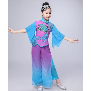 Girls violet with blue gradient color chinese folk dance costumes kids Yangko performance wear Ethnic style umbrella fan fairy dance classical dance costume for children