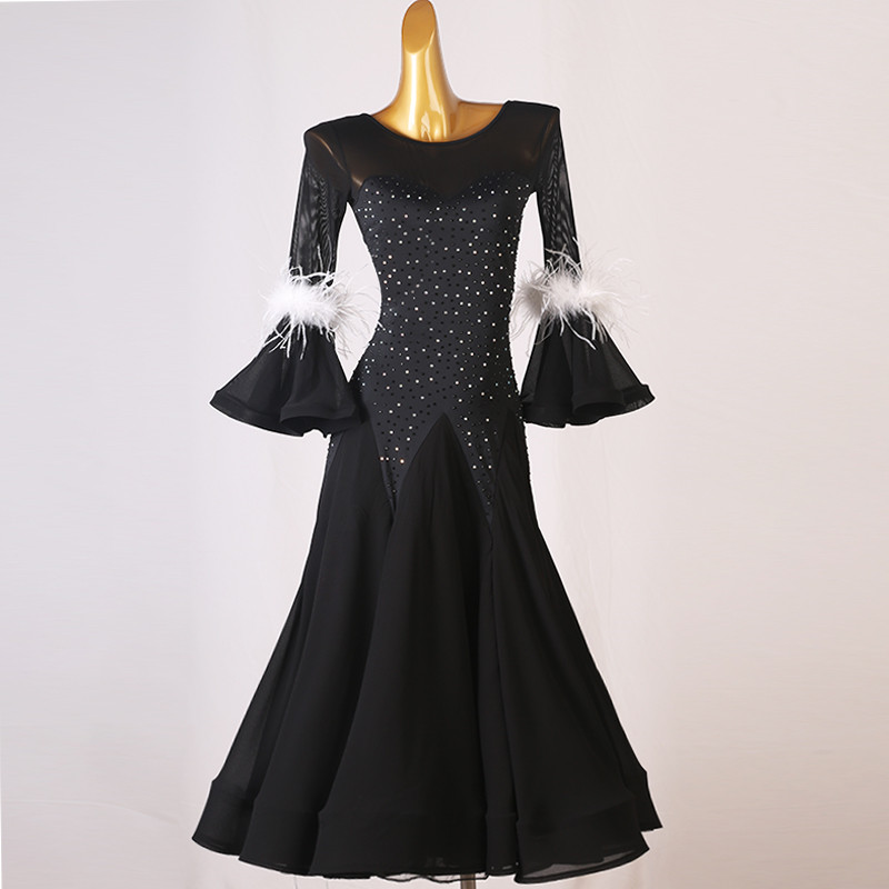 Girls women Black with white feather ballroom dance dresses with gemstones competition waltz tango foxtrot smooth dance long dress for woman