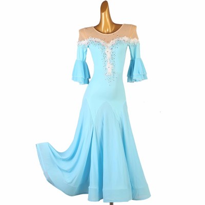 Girls women blue pink ballroom dance dresses embroidered lace flowers gemstones competition waltz tango foxtrot rhythm smooth foxtrot solo dancing long gown for women