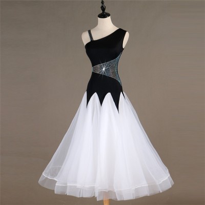 Girls women diamond white with black ballroom dancing dresses competition professional waltz tango dance dresses
