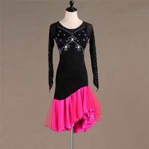 Girls women latin dress black with pink salsa rumba chacha dance skirts costumes