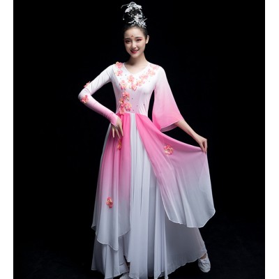 Girls women pink flowers chinese folk dance dress hanfu fairy dress ancient traditional yangko umbrella fan dance dresses