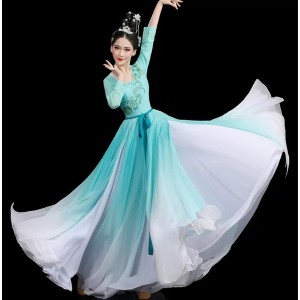 Girls women Turquoise gradient colored chinese folk Classical dance costume fairy princess hanfu fan umbrella dance dresses for women flowing modern art test big skirt 