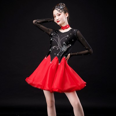 Girls women's rhinestones black with red latin dance dress competitions salsa chacha dance dress