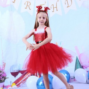Girls Xmas christmas party jazz dance dresses toddlers red feather tutu skirts film event drama cosplay puffy dress for kids meshChristmas kids show costume