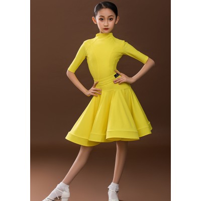 Girls yellow color competition latin dance dresses children short sleeves latin skirt stage performance latin dance costumes for kids 