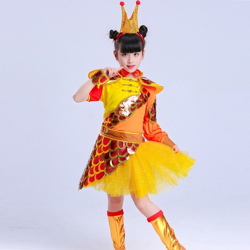 Girls's Chinese folk dance dresses ancient traditional dragon boat gold colored Chinese style stage performance drama cosplay costumes dress