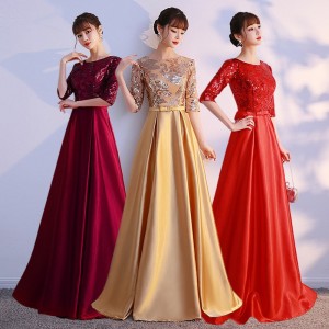 Gold wine red sequined singers stage performance long dress choir church performing costume evening hostess dress symphony party long gown for solo singer