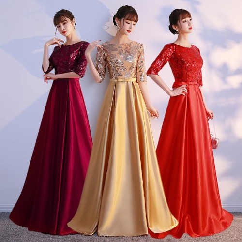 Gold wine red sequined singers stage performance long dress choir church performing costume evening hostess dress symphony party long gown for solo singer