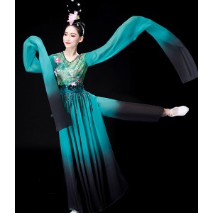 Green blue gradient Chinese Folk Classical dance costumes water sleeves  Caiwei dance dresses princess fairy hanfu performance clothes adult long skirt